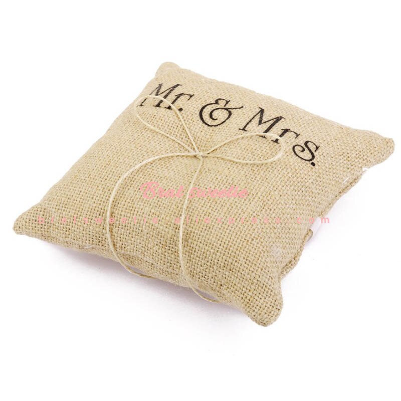 15Cm Vintage Mr Mrs Burlap Lace Bow Ring Pillow - Combo 5 Units