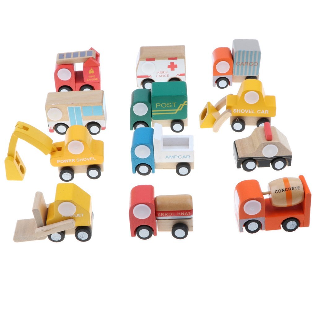 12Pcs Mini Wooden Vehicle Car Color Shape