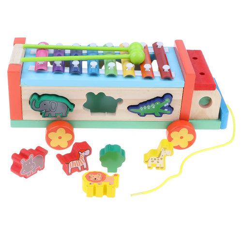 3 In 1 Wooden Car Pull Toy Xylophone Animal Blocks Matching Game