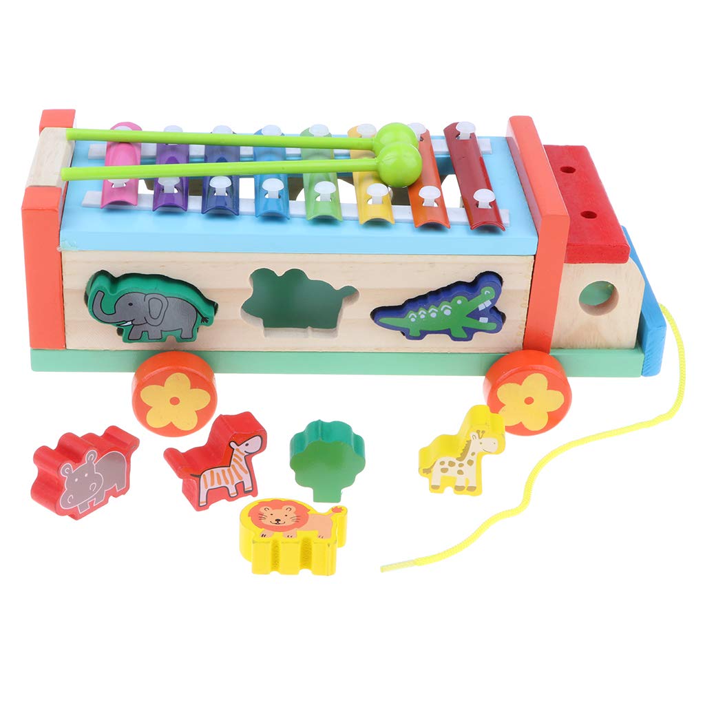 3 In 1 Wooden Car Pull Toy Xylophone Animal Blocks Matching Game