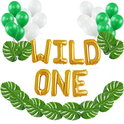16 Inch Wild One Kids First Birthday Balloons With Artificial Palm Leaves