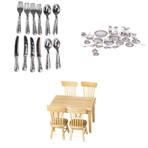 1.12 Scale Dollhouse Furniture Table Chairs Tableware Set