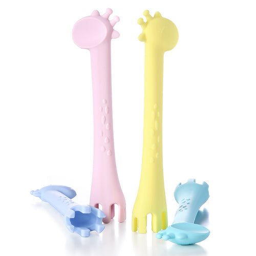 Cute Baby Giraffe Training Spoon Fork Teether Pure Color - Combo 5 Units