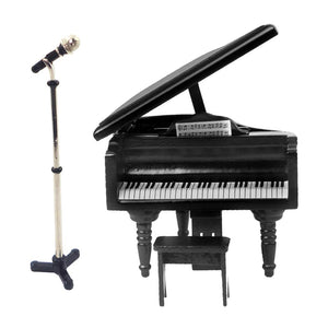 1.12 Scale Dollhouse Furniture Wooden Piano Set Alloy Microphone With Stand Miniature