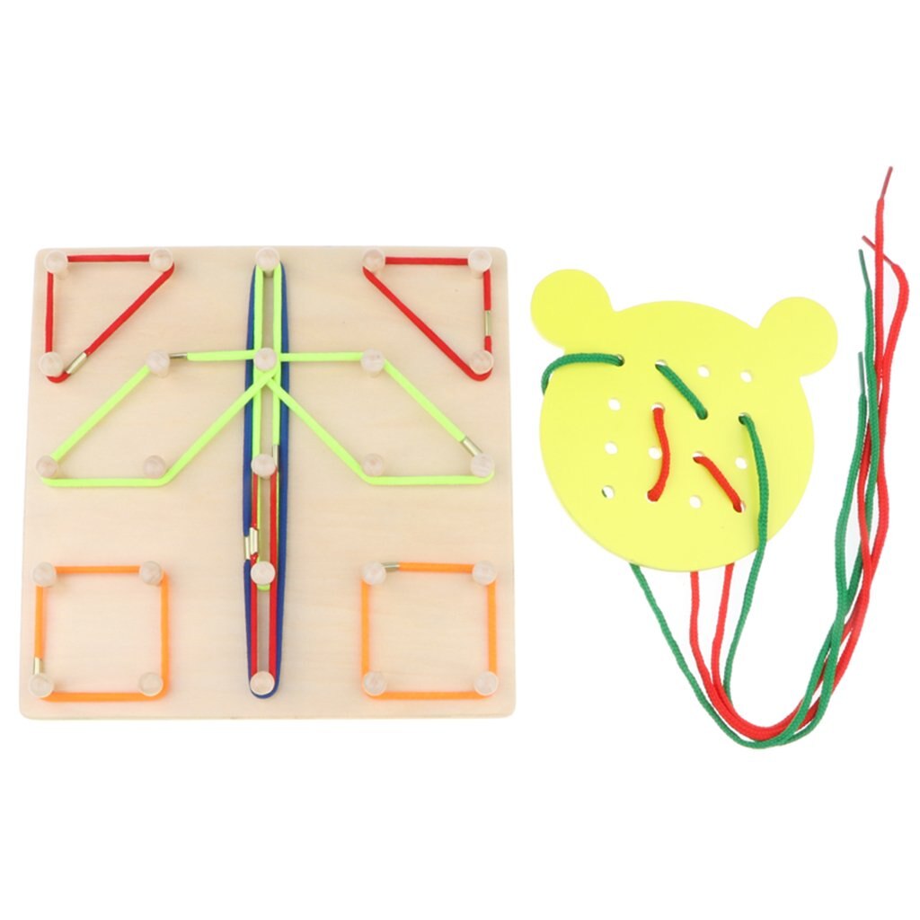 2Pcs Kids Wooden Montessori Toys Geoboard And Lacing Board