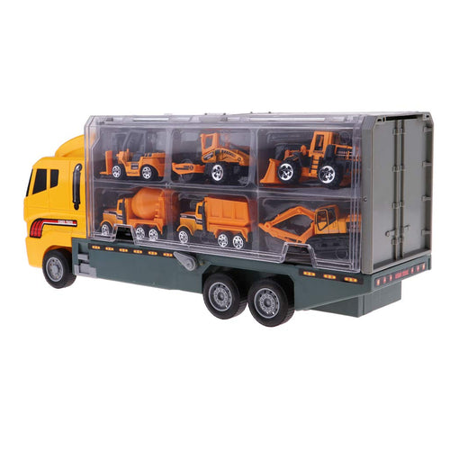 1.64 Miniature Construction Vehicle Transport Truck + 11Pcs Car Model