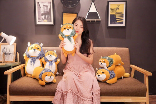 1Pc Kawaii Lying Plush Stuffed Dog Big Toys Scarf Shiba Inu Dog