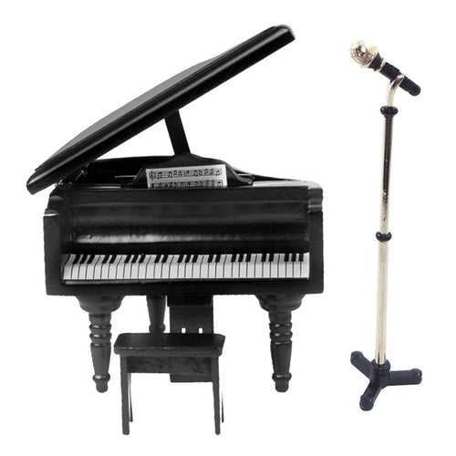 1.12 Scale Dollhouse Furniture Wooden Piano Set Alloy Microphone With Stand Miniature