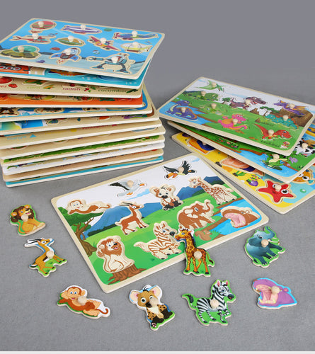 Wooden Puzzle Hand Grab Board Wooden Toys Cartoon Traffic Animal