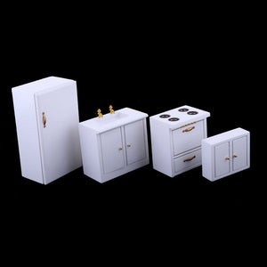 1.12 Scale Dollhouse Kitchen Furniture Wooden Refrigerator Sink Cabinets Model