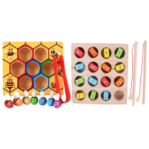 2 Set Montessori Wooden Toys Bee Clip Fishing Game