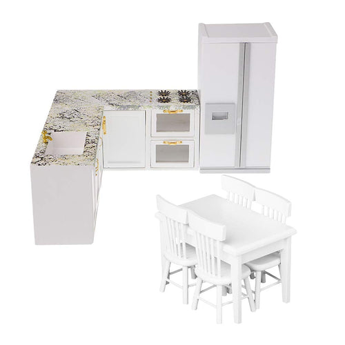 1.12 Miniature Wooden Kitchen Cabinet Refrigerator Table Chair Doll House