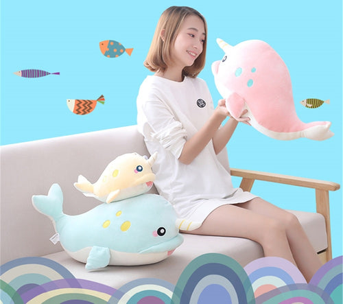 Lovely Sea Dolphin Stuffed Plush Baby Cute Cartoon Whale With Long Horn - Combo 3 Colors 25 Cm